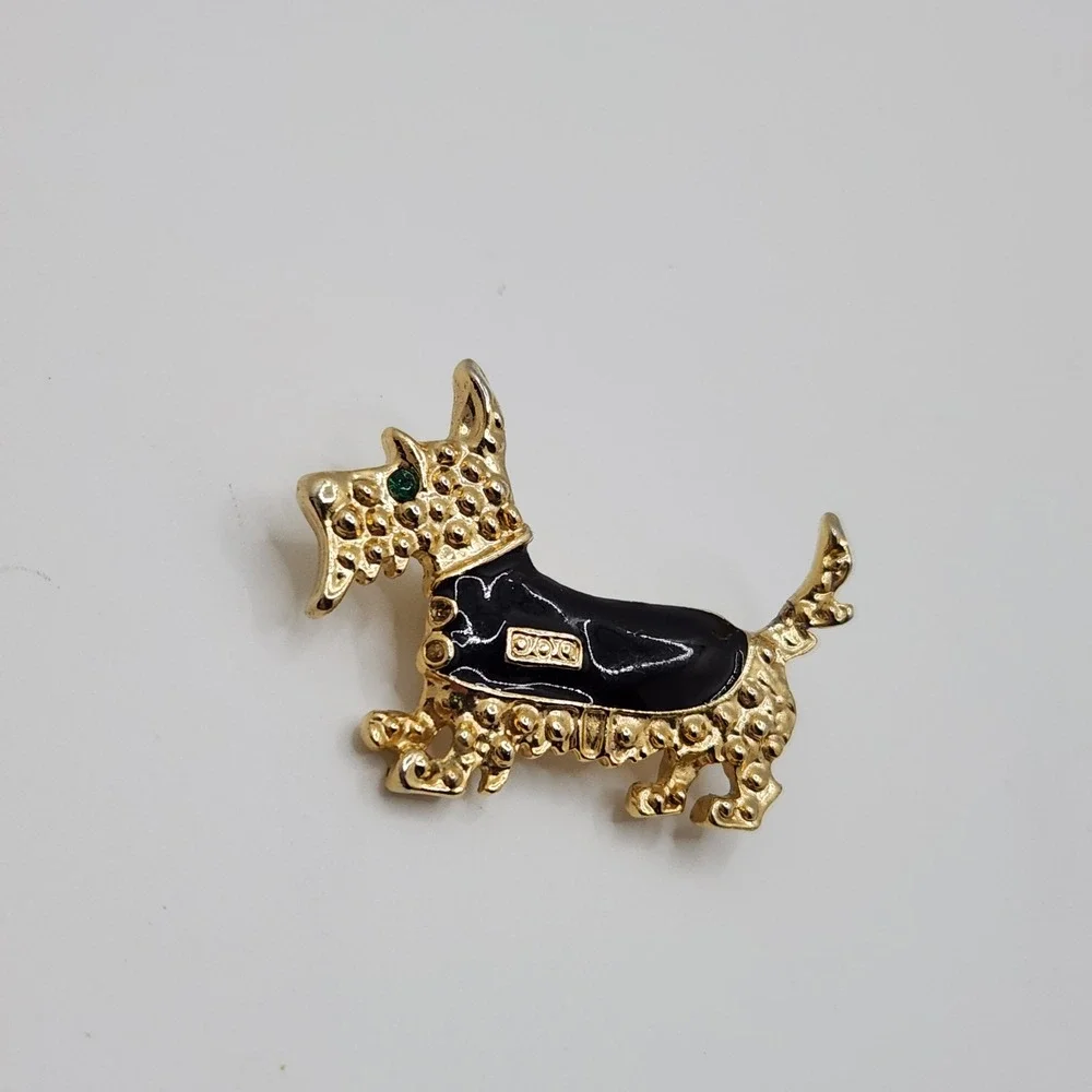 Scottie Dog Brooch Vintage Style Scottish Terrier Dovani Black Enamel Gold Tone